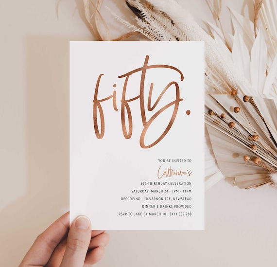 Rose Gold 50th Invitation, Handwritten 50th Invitation Rose Gold, 50th Birthday Invitation for women, fifty invitations, Female 50th Invite