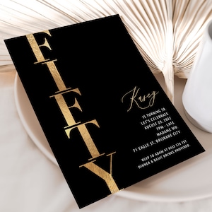 Black and Gold 50th Birthday Invitation, Gold 50th Invitation, Modern, Fifty, Elegant 50th Birthday Invites women, Editable Template men, BG