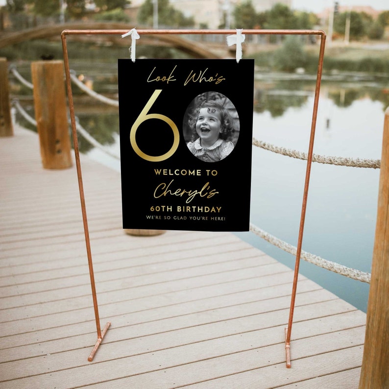 60th Birthday Welcome Sign Black and Gold, Look Who's 60 Welcome Sign ...