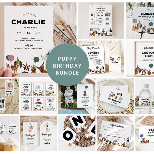 Welpen-Geburtstags-Bundle, Hundeparty-Einladungs-Bundle, bearbeitbare Hunde-Geburtstagseinladung, Hund 1