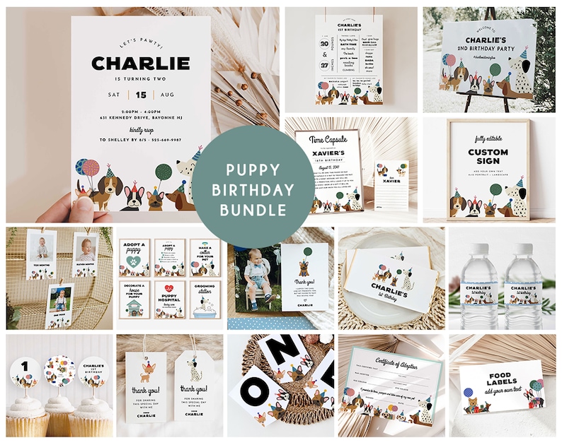 Puppy Birthday Bundle, Dog Party Invitation Bundle, Editable Dog Birthday Invitation, Dog 1st 2nd 3rd 4th 5th 6th Birthday, Puppy Pawty image 1
