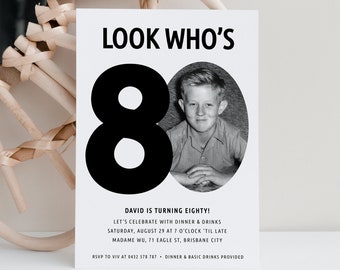 80th Invitation with photo, Look Who&#39;s 80,  80th Birthday Invitation Template, Simple Eightieth Invitation, Male 80th invitation, Templett