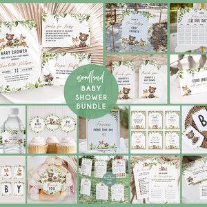Op de afbeelding: Woodland-thema baby shower printbare bundel met een verscheidenheid aan items, waaronder uitnodigingen, voedseletiketten, waterfleslabels, cupcake-toppers en spellen. Het ontwerp bevat een bruine beer, vos, wasbeer en hert met groene bladeren en gouden accenten.