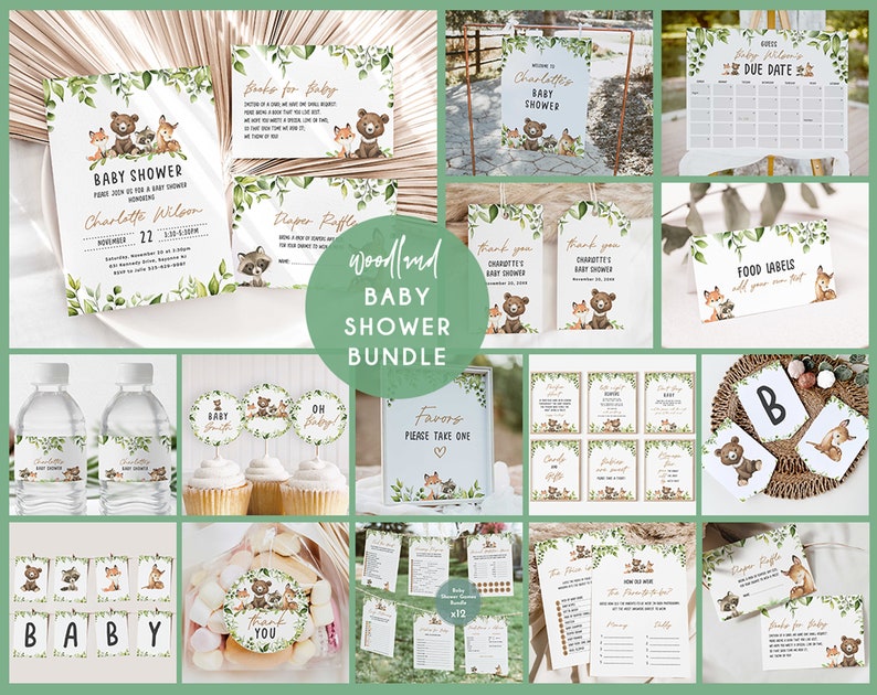 Op de afbeelding: Woodland-thema baby shower printbare bundel met een verscheidenheid aan items, waaronder uitnodigingen, voedseletiketten, waterfleslabels, cupcake-toppers en spellen. Het ontwerp bevat een bruine beer, vos, wasbeer en hert met groene bladeren en gouden accenten.
