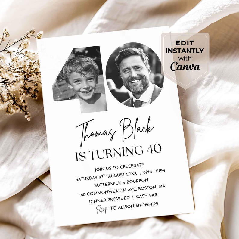 Modern 40th birthday invitation with photo featuring childhood and current images inside the number 40, minimalist black and white design with elegant script text; editable Canva 40th birthday invitation template for a simple milestone celebration.