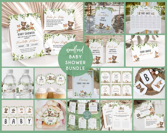 Woodland Baby Shower Bundle, Printable Baby Shower Invitation, Woodland Animals Baby Shower Games, Forest Animals Baby Shower Package