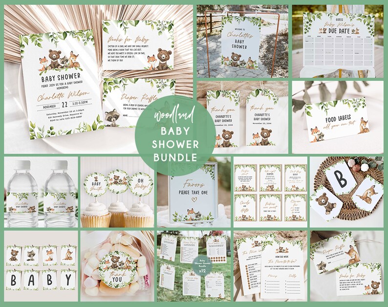 Op de afbeelding: Woodland-thema baby shower printbare bundel in een groen en gouden kleurenschema. De bundel bevat uitnodigingen, voedseletiketten, bedankkaartjes, spelletjes en meer. De ontwerpen bevatten schattige bosdieren zoals beren, vossen en wasberen.