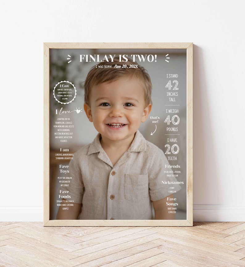 May include: A framed milestone poster featuring a photograph of a smiling toddler in a beige button-down shirt. The text includes Finlay Is Two, birth date Nov 20, 202X, height 42 inches, weight 40 pounds, 20 teeth, plus lists of favorites.