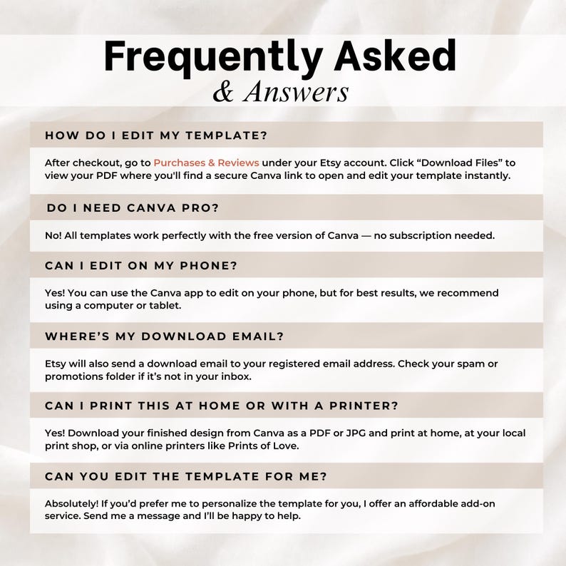 May include: A Frequently Asked & Answers informational graphic with black text on a beige and white background. It provides instructions on editing templates, Canva requirements, mobile editing, download emails, printing options, and customization services.