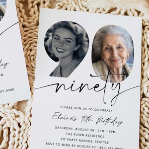 May include: A white invitation card with black text and a photo of a woman. The text reads "ninety" and "Elaine's 90th Birthday". The invitation details the date, time, location, and RSVP information.