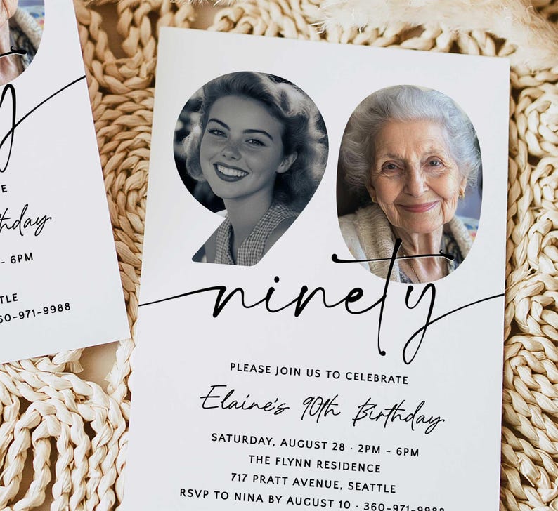May include: A white invitation card with black text and a photo of a woman. The text reads "ninety" and "Elaine's 90th Birthday". The invitation details the date, time, location, and RSVP information.