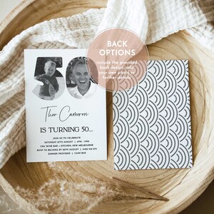 May include: A black and white birthday invitation with a photo of a man and a child in the number 50. The invitation reads "Theo Cameron is turning 50..." and includes details about the event, including the date, time, location, and RSVP information.