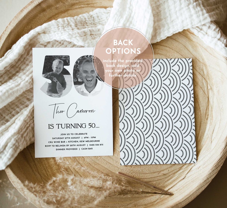 May include: A black and white birthday invitation with a photo of a man and a child in the number 50. The invitation reads "Theo Cameron is turning 50..." and includes details about the event, including the date, time, location, and RSVP information.