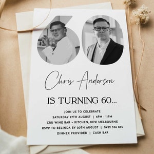 May include: Black and white invitation for a 60th birthday party for Chris Anderson. The invitation includes two photos of Chris, one from his younger years and one from the present day. The invitation states that the party will be held on Saturday, August 27th from 6pm to 11pm at CRU Wine Bar + Kitchen in Kew, Melbourne. RSVP to Belinda by August 20th. Dinner is provided and there is a cash bar.