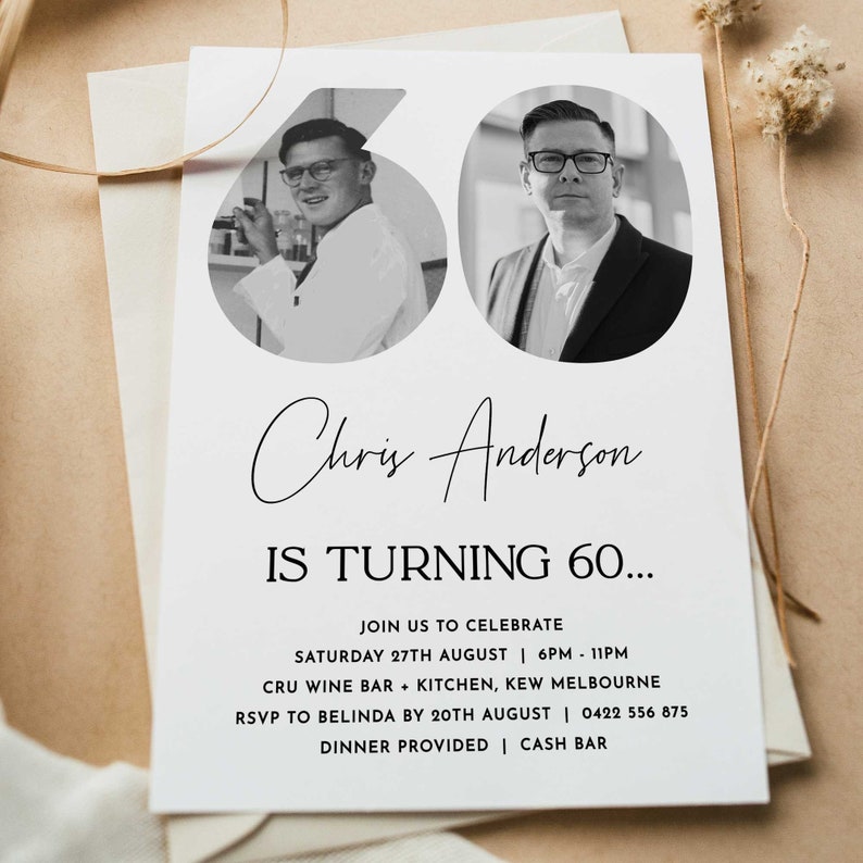 May include: Black and white invitation for a 60th birthday party for Chris Anderson. The invitation includes two photos of Chris, one from his younger years and one from the present day. The invitation states that the party will be held on Saturday, August 27th from 6pm to 11pm at CRU Wine Bar + Kitchen in Kew, Melbourne. RSVP to Belinda by August 20th. Dinner is provided and there is a cash bar.