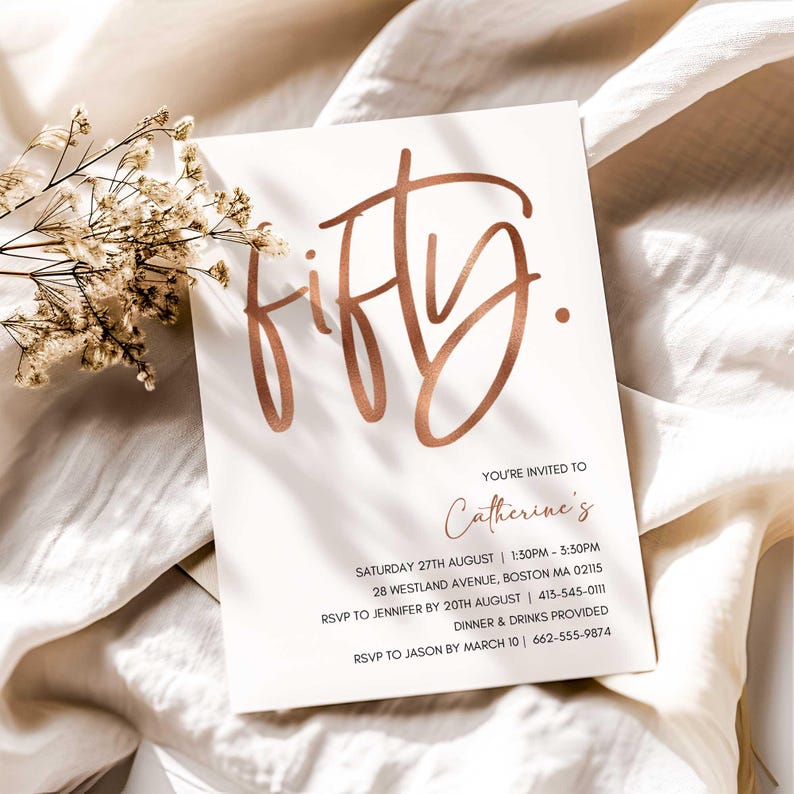 Rose Gold Handwritten 50th Birthday Invitation (Canva Editable, Digital Download, Printable) image 1