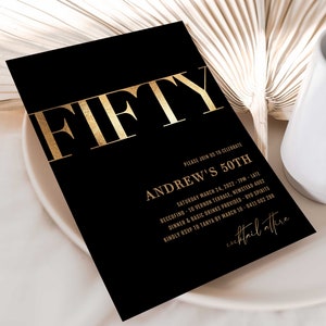Invitación de 50 cumpleaños de ZARA PLANTILLA EDITABLE en negro y oro, Invitación simple 50 en negro y oro, Invitaciones masculinas y masculinas 40, Templett
