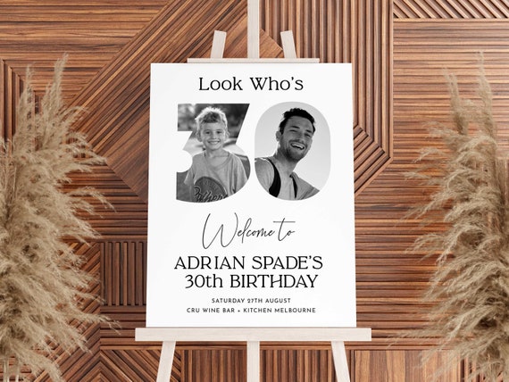 Male 30th Welcome Sign, Look Who's 30 Welcome Sign, 30th Poster with Photo, Modern 30th Welcome Sign, Birthday Welcome Poster