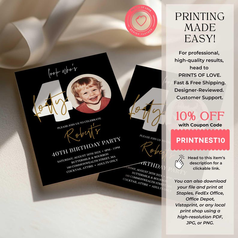 Invitation 40e anniversaire homme, 40e invitation avec photo, modèle d'invitation 40e anniversaire en or noir, invitation de fête d'anniversaire modifiable pour lui image 6