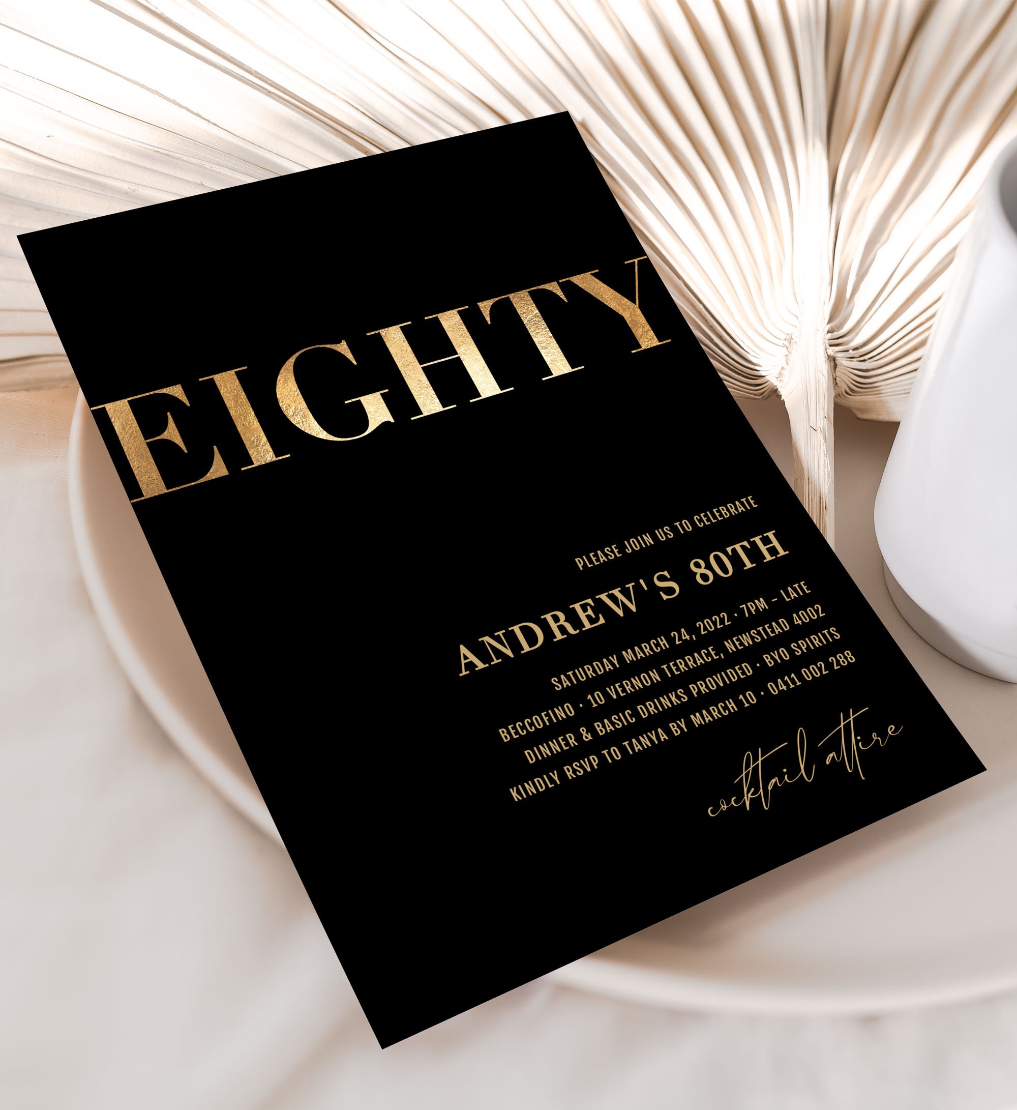 Black and Gold 80th Birthday Invitation Template, Simple 80th Black Gold Invitation, Elegant 80th Invites, Eighty Invitations