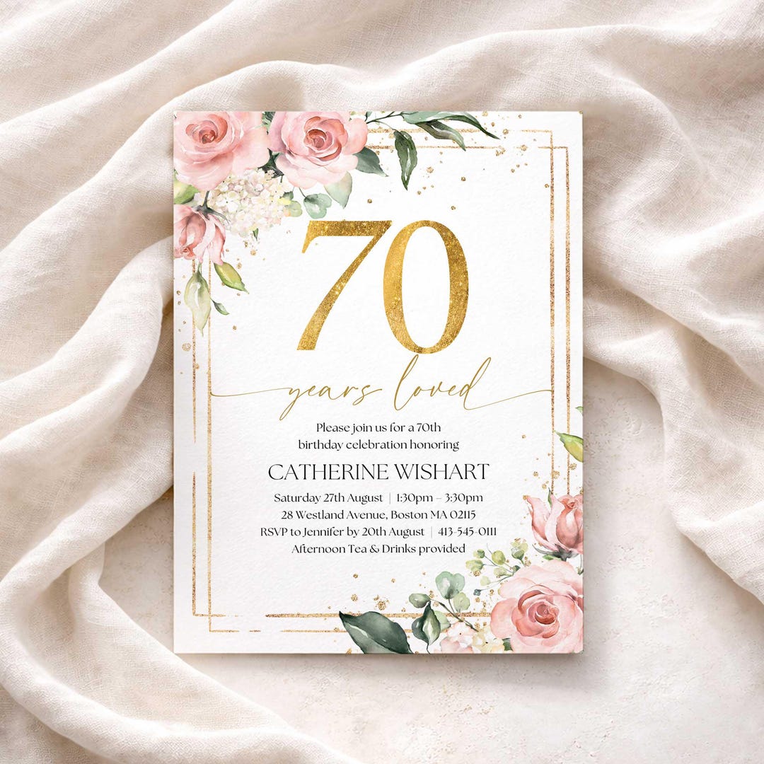 Pink and Gold 70th Birthday Invitation With Roses (canva Template ...
