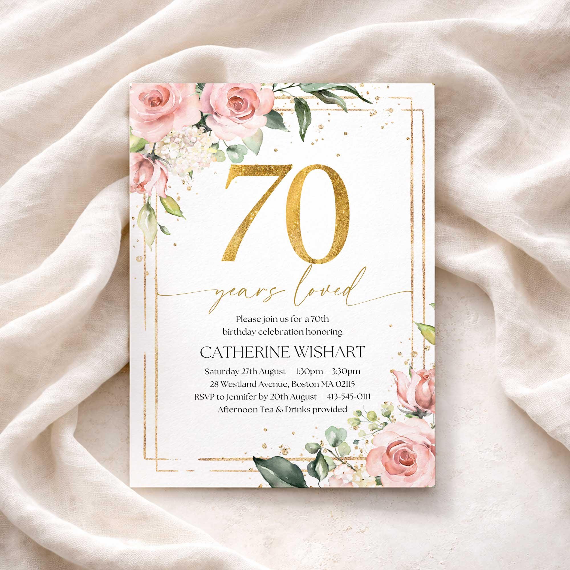 Pink and Gold 70th Birthday Invitation With Roses (canva Template ...