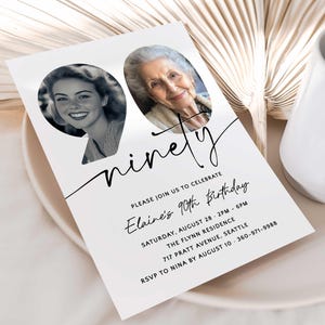 May include: A white invitation card with black text and two photos of a woman. The text reads "ninety" and "Please join us to celebrate Elaine's 90th Birthday". The invitation includes the date, time, location, and RSVP information.