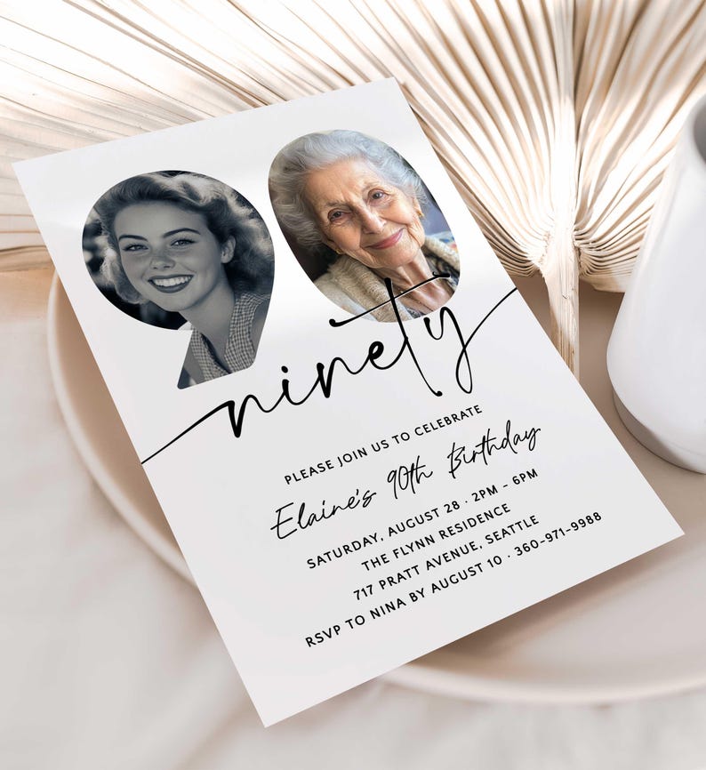 May include: A white invitation card with black text and two photos of a woman. The text reads "ninety" and "Please join us to celebrate Elaine's 90th Birthday". The invitation includes the date, time, location, and RSVP information.