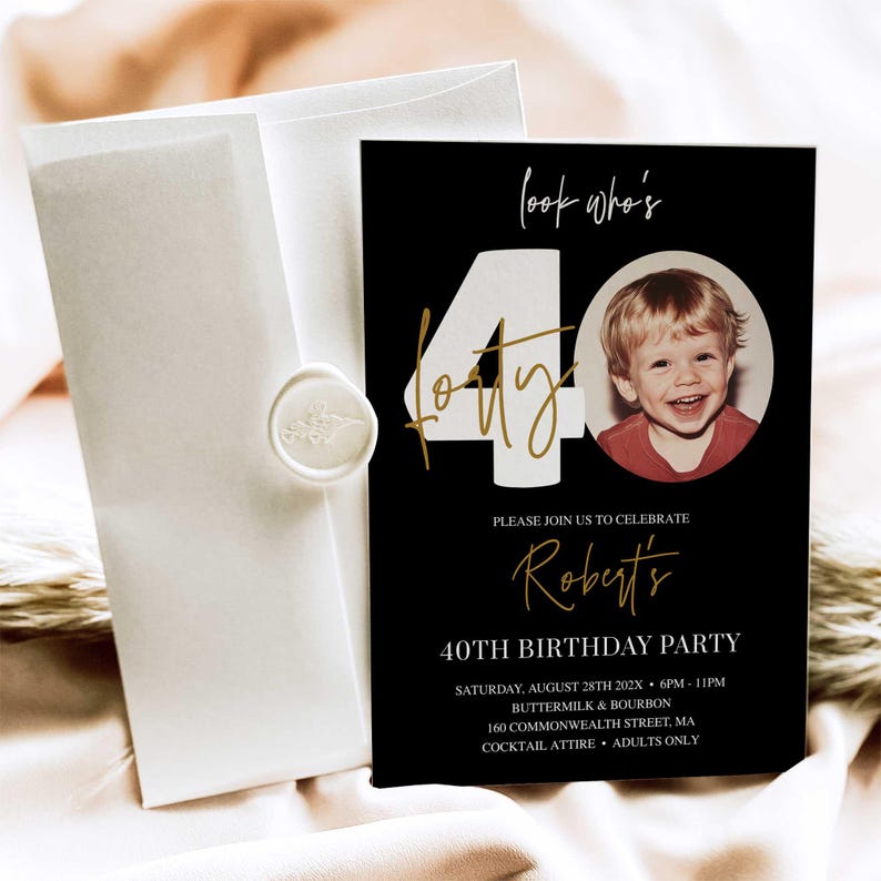 Invitation 40e anniversaire homme, 40e invitation avec photo, modèle d'invitation 40e anniversaire en or noir, invitation de fête d'anniversaire modifiable pour lui image 2