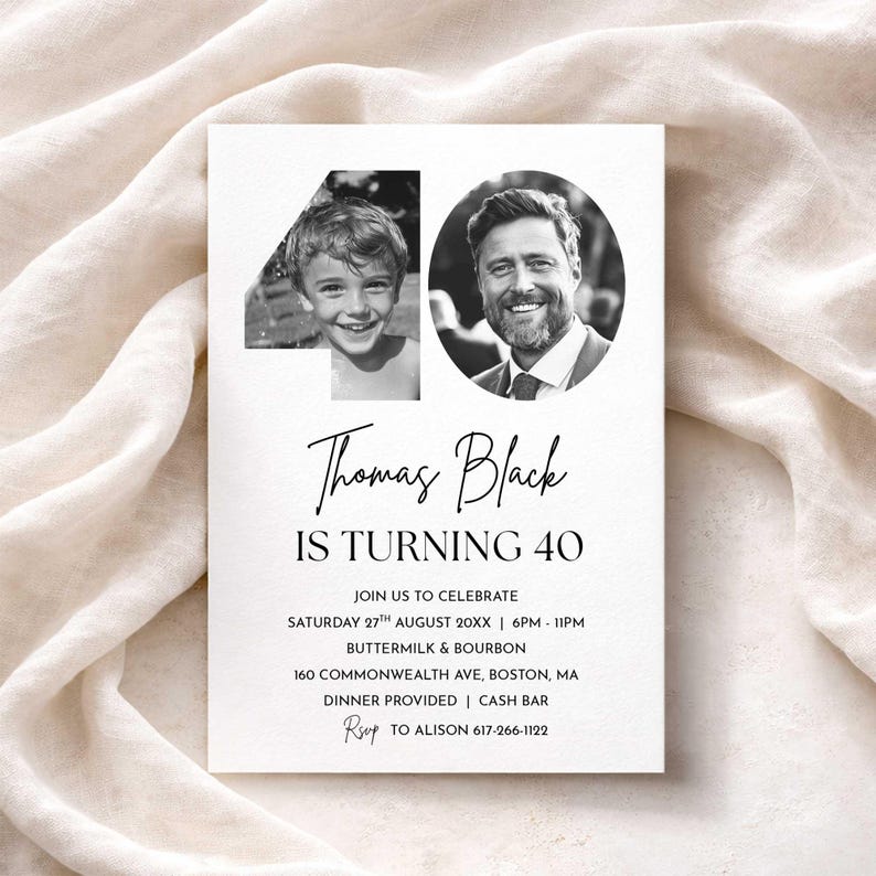Modern 40th birthday invitation with photo featuring childhood and current images inside the number 40, minimalist black and white design with elegant script text; editable Canva 40th birthday invitation template for a simple milestone celebration.