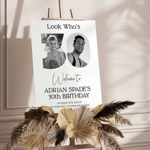 Pu&ograve; includere: Un cartello di benvenuto bianco con testo nero che recita "Look Who's Welcome to Adrian Spade's 30th Birthday Saturday 27th August CRU Wine Bar & Kitchen Melbourne". Il cartello presenta una foto in bianco e nero di due persone nel numero 30.