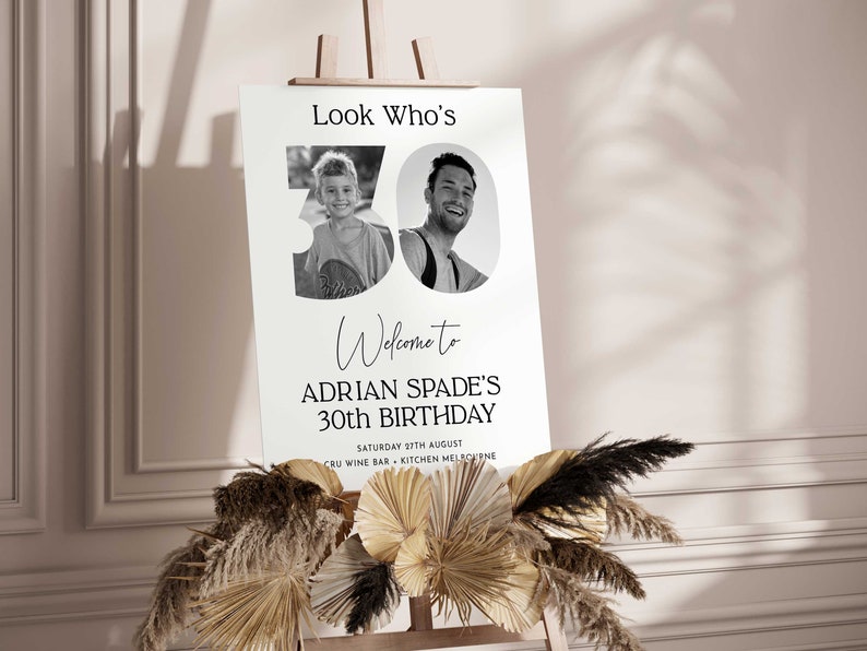 Pu&ograve; includere: Un cartello di benvenuto bianco con testo nero che recita "Look Who's Welcome to Adrian Spade's 30th Birthday Saturday 27th August CRU Wine Bar & Kitchen Melbourne". Il cartello presenta una foto in bianco e nero di due persone nel numero 30.