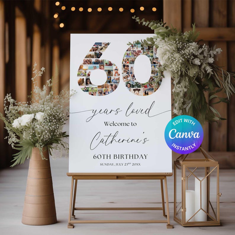 60th Birthday Sign Collage Canva, Editable Template 60th Birthday Gift ...