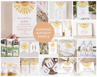 Sun Birthday Invitation Bundle, First Trip Around the Sun, Editable Sunshine 1st Birthday Invite, Sun Birthday Bundle, Welcome, Milestone