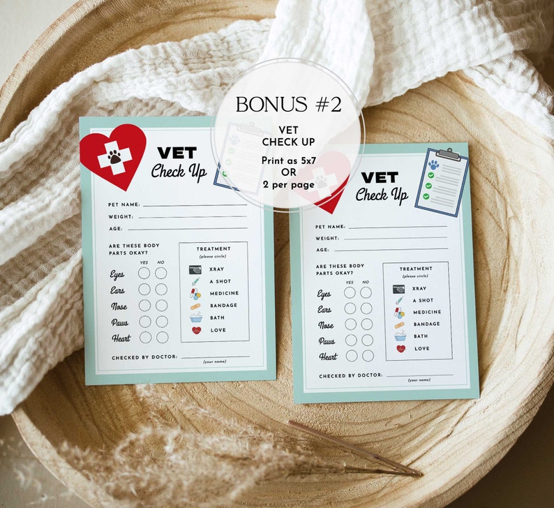 May include: Two printable vet check-up forms for pets. The forms are light blue with a red heart and a paw print. The forms have sections for pet name, weight, age, and a checklist of body parts to check. The forms also have a section for treatment, with options for x-ray, a shot, medicine, bandage, bath, and love.