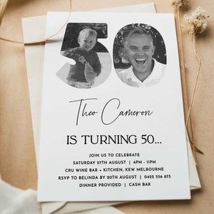 May include: Black and white birthday party invitation with a photo of a man and a child in the shape of the number 50. The invitation reads "Theo Cameron is turning 50... Join us to celebrate Saturday 27th August | 6PM - 11PM CRU Wine Bar + Kitchen, Kew Melbourne RSVP to Belinda by 20th August | 0422 556 875 Dinner Provided | Cash Bar"