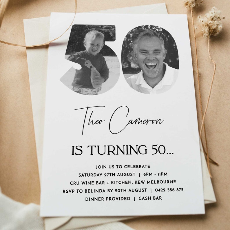 May include: Black and white birthday party invitation with a photo of a man and a child in the shape of the number 50. The invitation reads "Theo Cameron is turning 50... Join us to celebrate Saturday 27th August | 6PM - 11PM CRU Wine Bar + Kitchen, Kew Melbourne RSVP to Belinda by 20th August | 0422 556 875 Dinner Provided | Cash Bar"