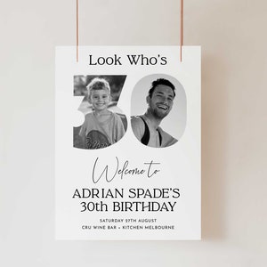 Pu&ograve; includere: Invito a una festa di compleanno in bianco e nero con il numero 30 composto da due foto di un uomo e un ragazzo. Il testo recita "Look Who's Welcome to Adrian Spade's 30th Birthday Saturday 27th August CRU Wine Bar Kitchen Melbourne"