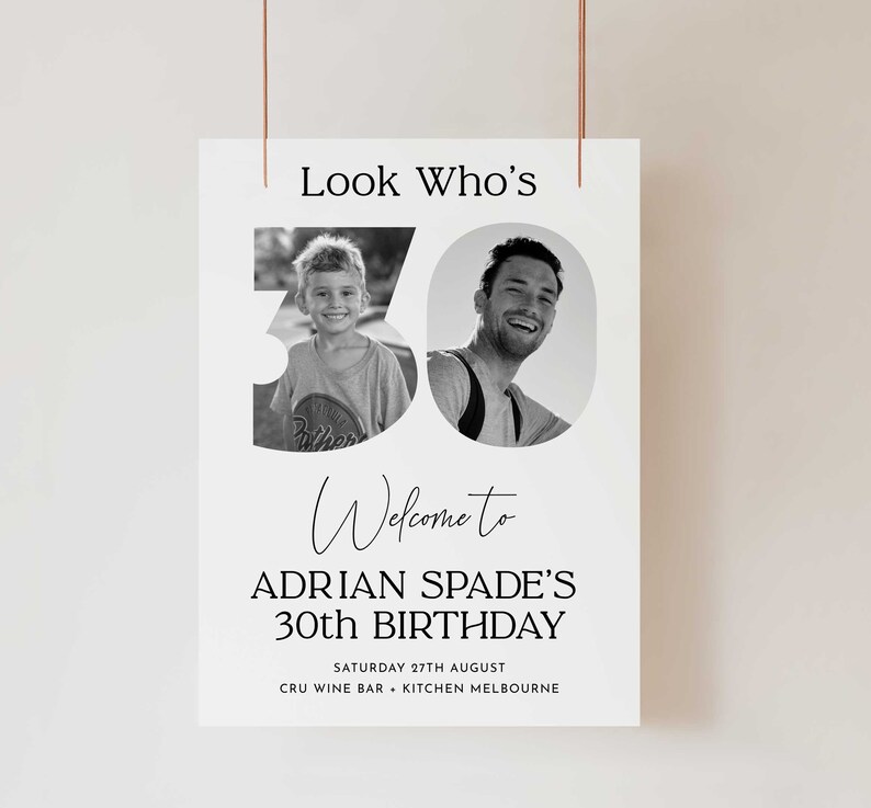 Pu&ograve; includere: Invito a una festa di compleanno in bianco e nero con il numero 30 composto da due foto di un uomo e un ragazzo. Il testo recita "Look Who's Welcome to Adrian Spade's 30th Birthday Saturday 27th August CRU Wine Bar Kitchen Melbourne"