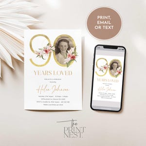 May include: A gold 90th birthday invitation with a floral design and a photo of a woman. The invitation includes the text "90 Years Loved" and the name "Helen Johnson".