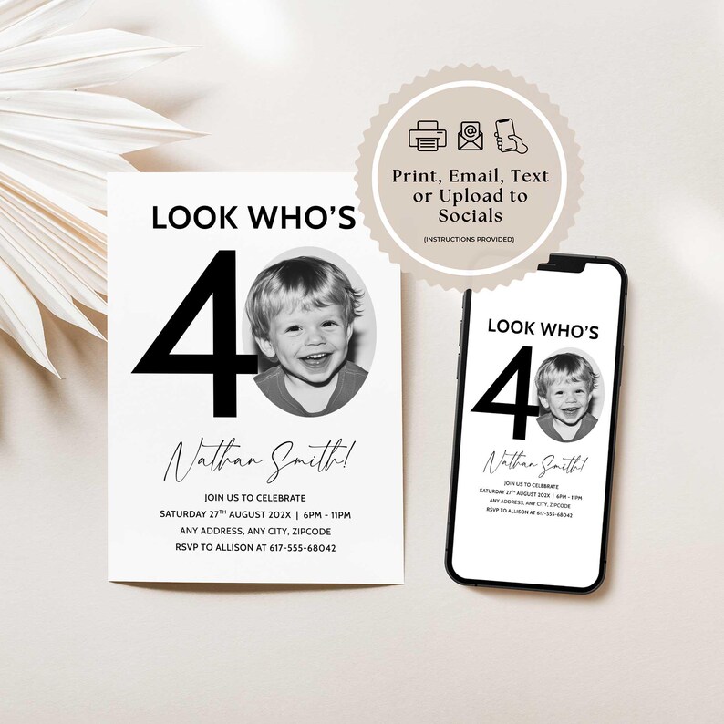 40th Invitation with photo, Look Who's 40, 40th Birthday Canva Template, Male 40th Invite, Digital Download image 5