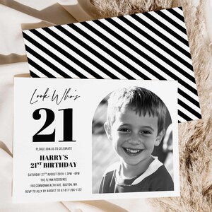Close-up of the 21st invitation highlighting the large black number, portrait photo placement, and minimal typography on cream cardstock.