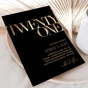 ZARA Black and Gold 21st Birthday Invite INSTANT DOWNLOAD, Elegant 21st Black and Gold Invitation, Gold Black, 21st Invites, Twenty One