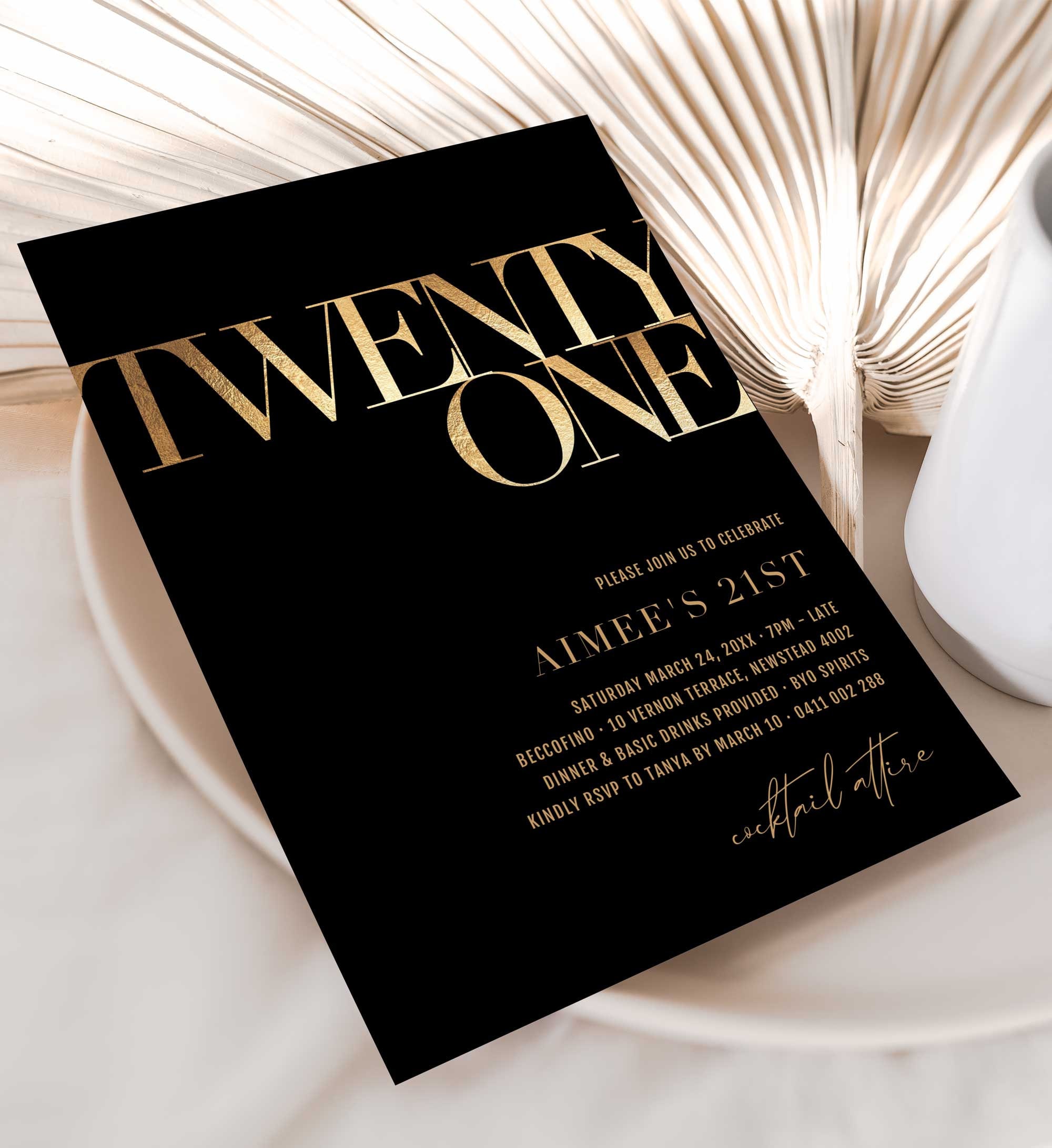 Black and Gold 21st Birthday Invitation, Elegant Design (instant