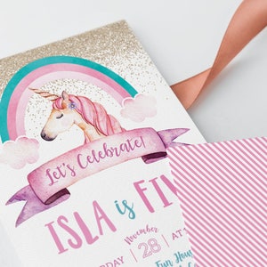 Unicorn Birthday Invitation, Unicorn Birthday Invitations, Unicorn Invitations, Unicorn Party, Unicorn Pink and Gold Glitter image 2