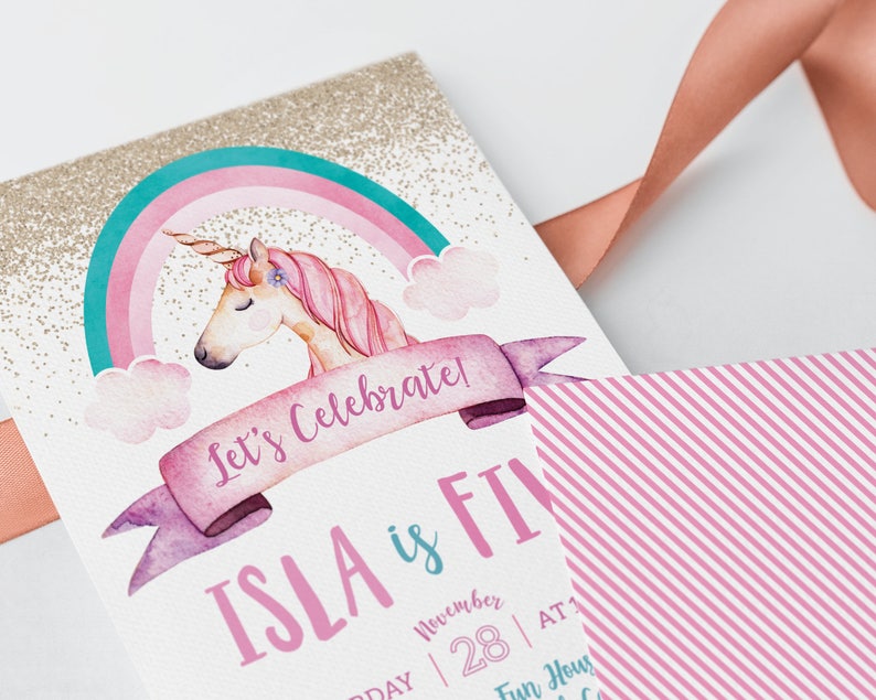 Unicorn Birthday Invitation, Unicorn Birthday Invitations, Unicorn Invitations, Unicorn Party, Unicorn Pink and Gold Glitter image 2