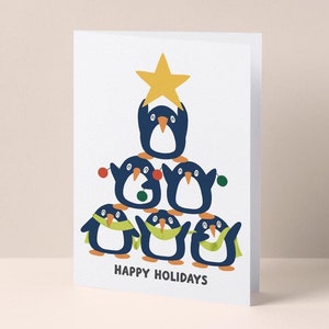 Penguin Christmas Tree | Cute Illustrated Christmas Card, Hand Drawn, Designed & Made in Sydney, Happy Holidays, Merry Xmas, Penguins