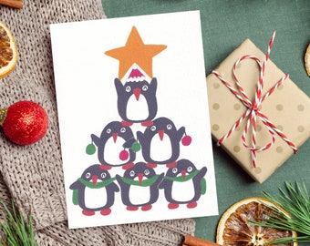 Penguin Xmas Tree | Cute Illustrated Christmas Card, Handmade, Xmas, Festive, Unique, Premium Quality Stationery, Designed & Made in Sydney