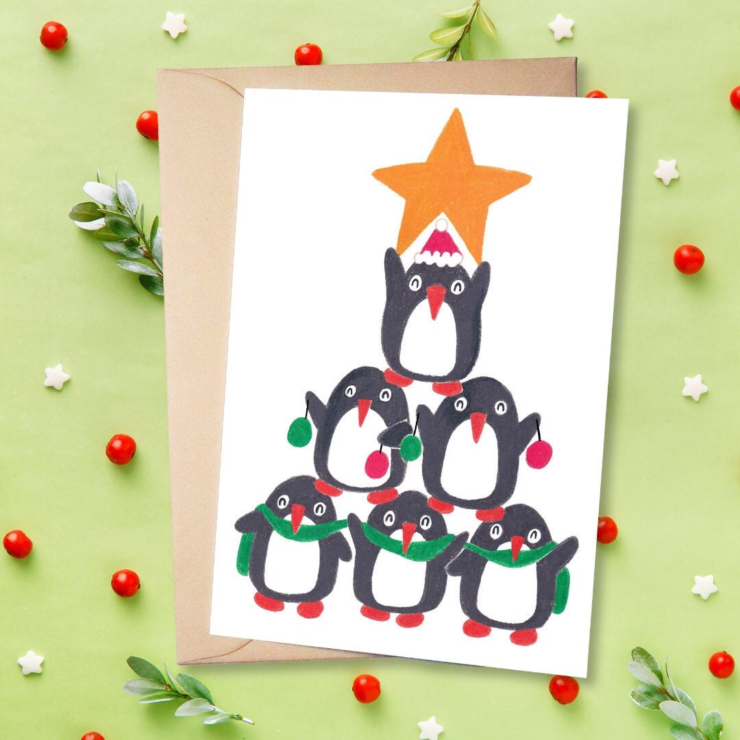 Penguin Xmas Tree Cute Illustrated Christmas Card Handmade Etsy