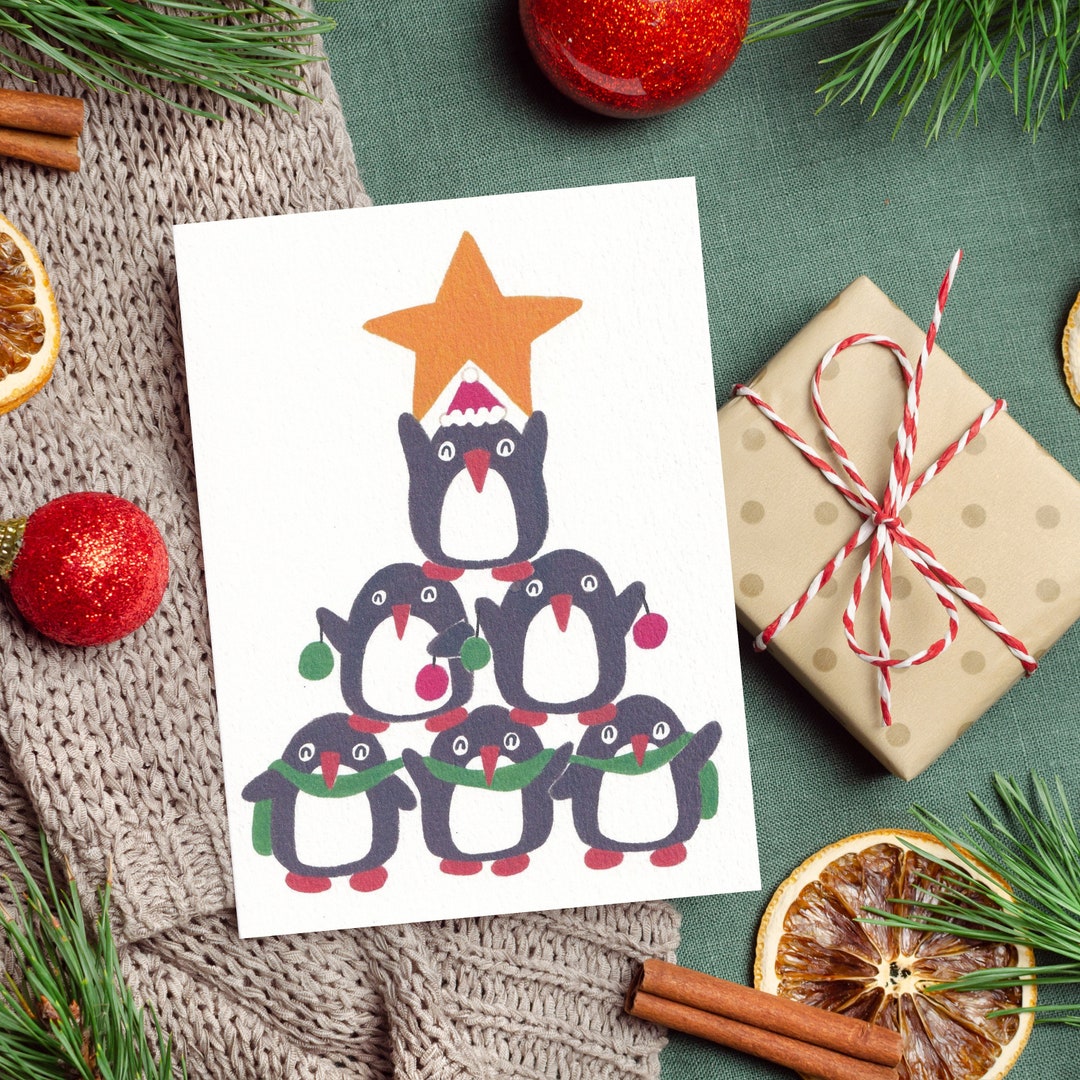 Penguin Xmas Tree Cute Illustrated Christmas Card Handmade Etsy Australia